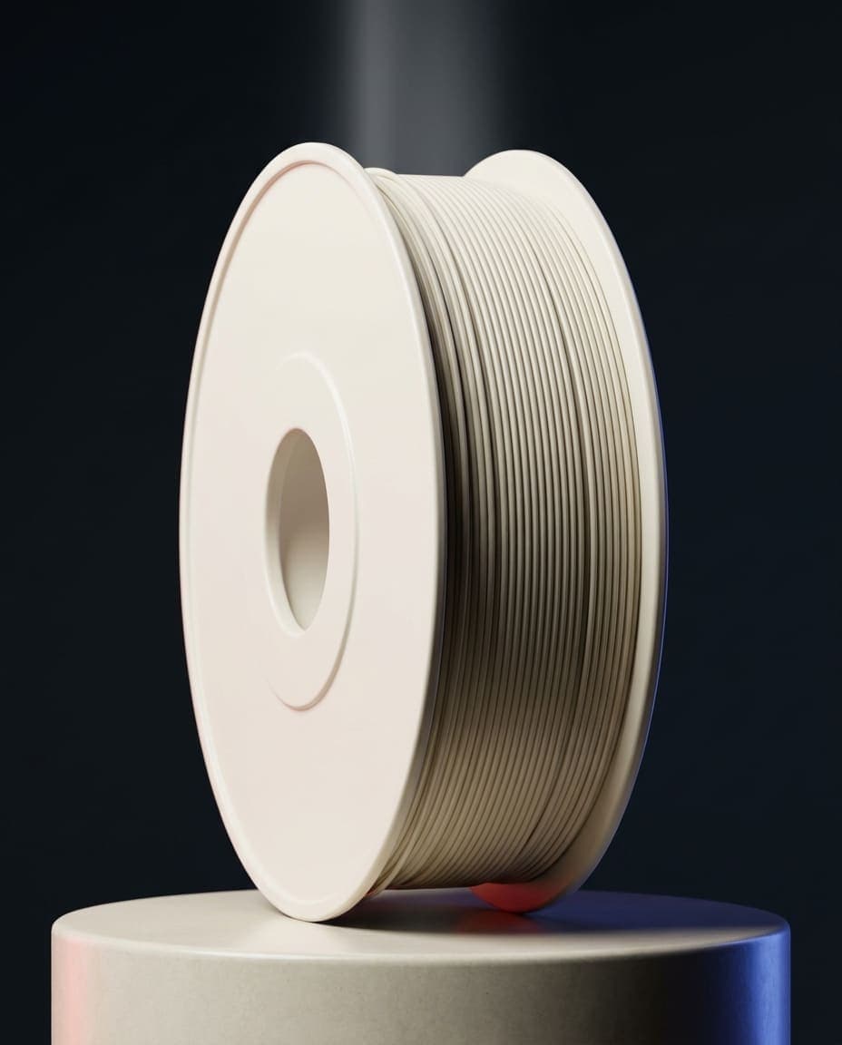 Bobina de filamento PLA Branco Glaciar VANPRINT em pedestal sobre fundo escuro, com rim light azul imperial